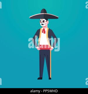 day of dead traditional mexican halloween man wearing traditional clothes skeleton mask dia de los muertos holiday party male cartoon character full length flat Stock Vector