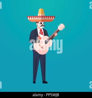 day of dead traditional mexican halloween man wearing traditional clothes playing guitar skeleton mask dia de los muertos holiday party male cartoon character full length flat Stock Vector