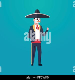 day of dead traditional mexican halloween man wearing traditional clothes skeleton mask dia de los muertos holiday party male cartoon character full length flat Stock Vector