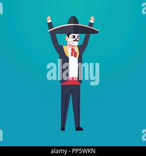 day of dead traditional mexican halloween man wearing traditional clothes skeleton mask dia de los muertos holiday party male cartoon character full length flat Stock Vector