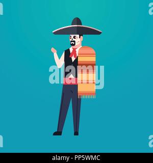 day of dead traditional mexican halloween man wearing traditional clothes skeleton mask dia de los muertos holiday party male cartoon character full length flat Stock Vector