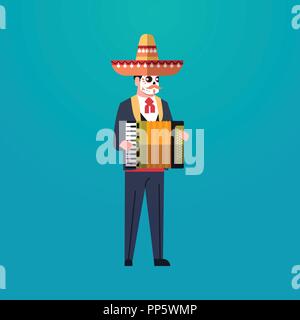 day of dead traditional mexican halloween man wearing traditional clothes playing accordion skeleton mask dia de los muertos holiday party male cartoon character full length flat Stock Vector