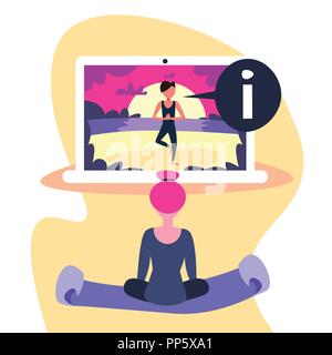 woman watching video fitness online yoga training concept laptop screen sportswoman doing exercises mat female rear view cartoon character flat Stock Vector