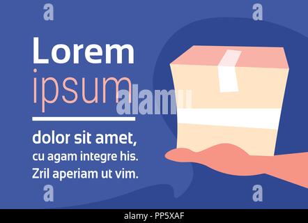 human hand holding parcel paper box fast delivery concept horizontal flat copy space Stock Vector