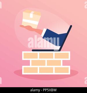 human hand from laptop screen holding parcel paper box fast delivery concept online shopping computer application flat Stock Vector