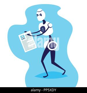 robot holding resume for job position artificial intelligence concept bot helper hiring manager choose candidate flat Stock Vector