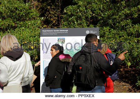 Tourists checking an information board at the Royal Botanic garden in Edinburgh Scotland Stock Photo