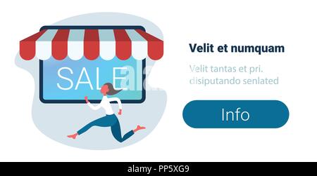 businesswoman hurry up online shopping big sale concept shop mobile application business woman customer female cartoon character full length horizontal copy space Stock Vector