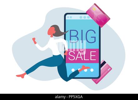businesswoman running online shopping big sale concept smartphone screen internet mobile shop application business woman customer female cartoon character full length horizontal Stock Vector