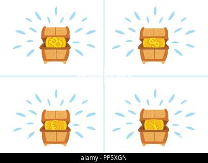 set different treasure dower chest full of euro dollar yuan bitcoin coins collection money growth wealth concept flat horizontal Stock Vector