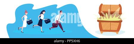 business people running treasure dower chest full golden money coins business competition concept flat horizontal banner male female cartoon character Stock Vector