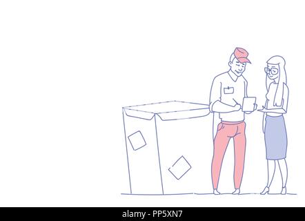 businesswoman sign document courier man box delivery package post service concept male female sketch doodle character horizontal Stock Vector