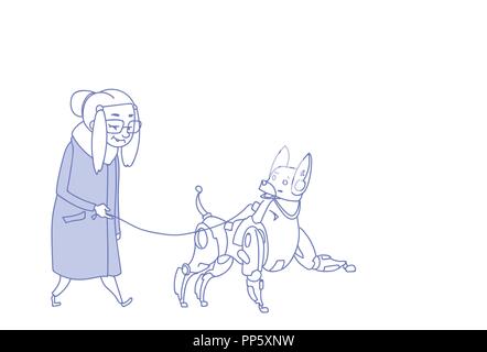 Senior woman walking with modern robot dog artificial intelligence pets care concept grandmother lady sketch doodle horizontal Stock Vector