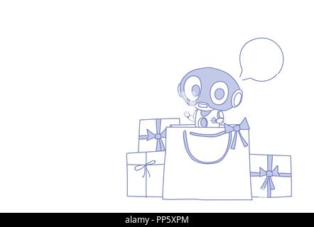 modern robot holding paper bags online shopping concept bot helper chat bubble artificial intelligence sketch doodle horizontal Stock Vector