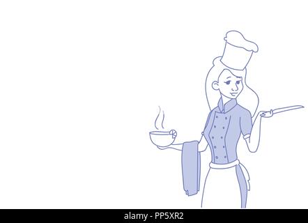 woman cook holding steaming bowl soup female chief restaurant uniform sketch doodle horizontal portrait Stock Vector