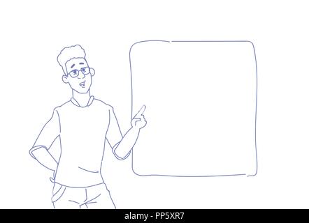 businessman pointing empty copy space board business man presentation concept male character portrait horizontal sketch doodle Stock Vector