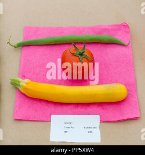 A simple entry for class 89 Collection of Three Different Vegetables in the Horticulture Section of annual Stokesley Agricultural Show 2018 Stock Photo