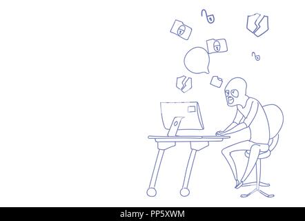 Man mask sitting computer hacker activity concept viruses data privacy attack internet information security sketch doodle Stock Vector