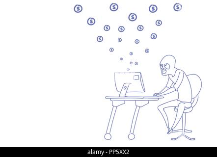 Man mask sitting computer hacker activity stealing money concept viruses credit card money attack bank account hacking sketch doodle Stock Vector