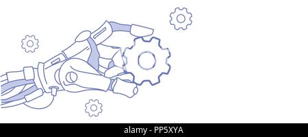 robot hand holding cog wheel virtual assistance repair support concept artificial intelligence sketch doodle horizontal Stock Vector