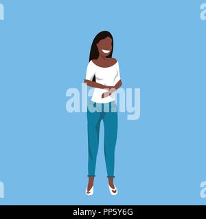 african american woman standing pose happy lady female cartoon character full length blue background flat Stock Vector