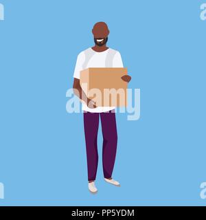 african american man courier holding paper parcel box delivery concept happy postman male cartoon character full length blue background flat Stock Vector