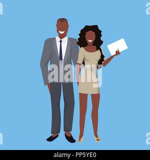 african american business couple standing together man woman successful coworkers concept female male cartoon character full length blue background flat Stock Vector