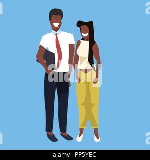 african american business couple standing together man woman successful coworkers concept female male cartoon character full length blue background flat Stock Vector