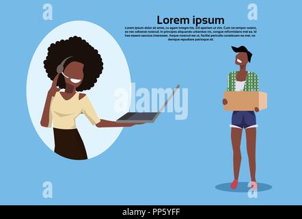 african american woman corier call center operator support service concept cartoon character horizontal copy space flat Stock Vector