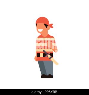 cute boy wear pirate scarecrow costume happy halloween concept party celebration isolated flat cartoon character isolated full length Stock Vector