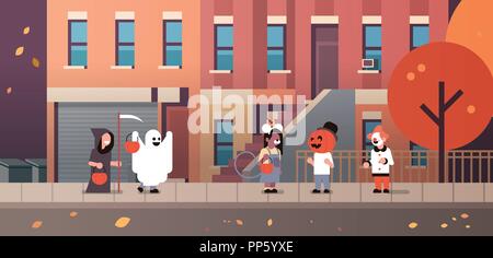 kids wearing monsters ghost pumpkin wizard clown costumes walking town holiday concept tricks or treat happy halloween cartoon character full length horizontal flat Stock Vector