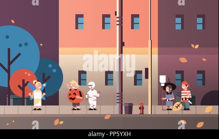 kids wearing monsters fairy pumpkin pirate mummy witch costumes walking town holiday concept tricks or treat happy halloween cartoon character full length horizontal flat Stock Vector