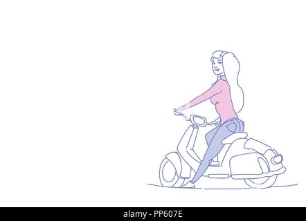young girl riding electric scooter vintage motorcycle isolated sketch doodle horizontal Stock Vector