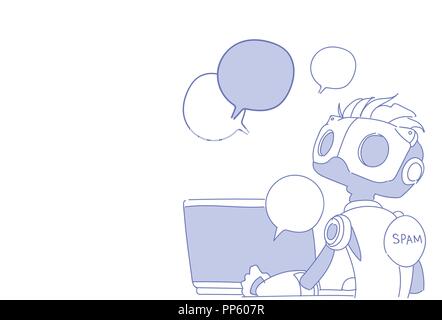 chat bot using laptop computer robot virtual assistance online support speech bubble communication artificial intelligence concept sketch doodle horizontal Stock Vector