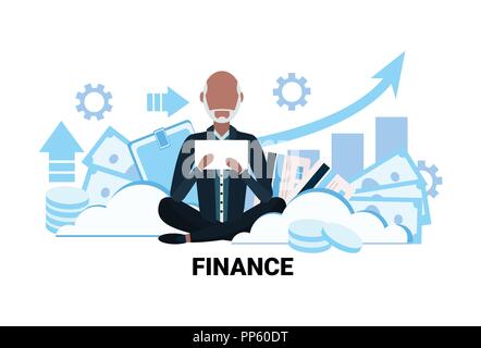 senior asian businessman financial trading consultant sitting lotus pose using tablet over arrow up graphs business man finance manager concept male cartoon character flat Stock Vector