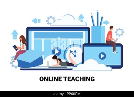 people studying computer application training courses education online teaching business concept man woman students learning process cartoon character flat horizontal Stock Vector