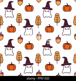 cute cartoon ghosts with pumpkins seamless vector pattern background ...