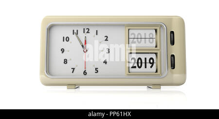 New year change. Retro alarm clock, year change from 2018 to 2019, midnight, isolated on white background. 3d illustration Stock Photo