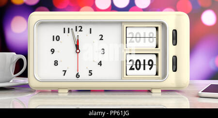 New year change. Retro alarm clock, year change from 2018 to 2019, midnight, on festive, bokeh background. 3d illustration Stock Photo