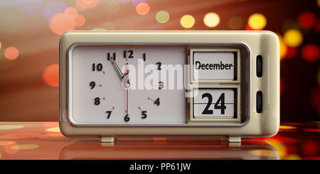 Christmas eve midnight. Retro alarm clock with Christmas eve date, December 24th on festive, bokeh background. 3d illustration Stock Photo