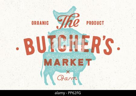 Poster for butcher market. Cow, pig, hen stand on each other Stock Vector