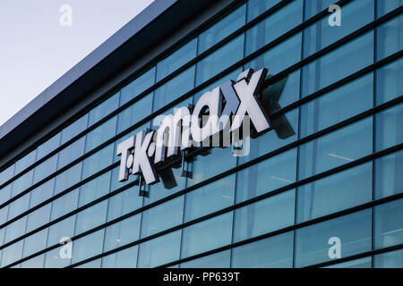 Blanchardstown, Dublin, Ireland. 23rd Sept 2018: TK Maxx logo and sign on front of shop at Blanchardstown Shopping Centre Stock Photo