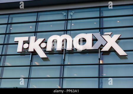 Blanchardstown, Dublin, Ireland. 23rd Sept 2018: TK Maxx logo and sign on front of shop at Blanchardstown Shopping Centre Stock Photo