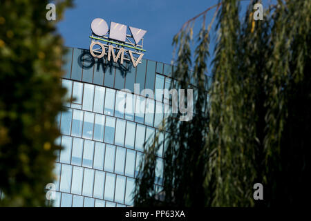 A logo sign outside of the headquarters of OMV AG in Vienna, Austria, on September 6, 2018. Stock Photo