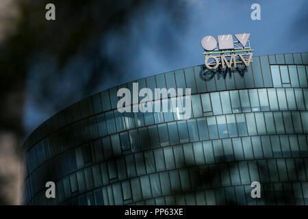 A logo sign outside of the headquarters of OMV AG in Vienna, Austria, on September 6, 2018. Stock Photo