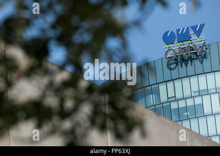 A logo sign outside of the headquarters of OMV AG in Vienna, Austria, on September 6, 2018. Stock Photo