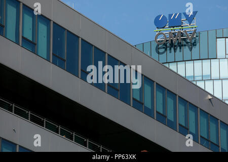 A logo sign outside of the headquarters of OMV AG in Vienna, Austria, on September 6, 2018. Stock Photo