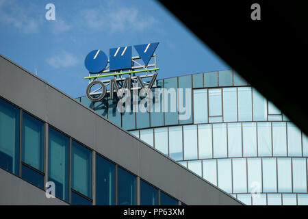 A logo sign outside of the headquarters of OMV AG in Vienna, Austria, on September 6, 2018. Stock Photo