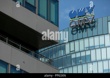 A logo sign outside of the headquarters of OMV AG in Vienna, Austria, on September 6, 2018. Stock Photo