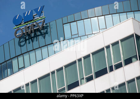 A logo sign outside of the headquarters of OMV AG in Vienna, Austria, on September 6, 2018. Stock Photo